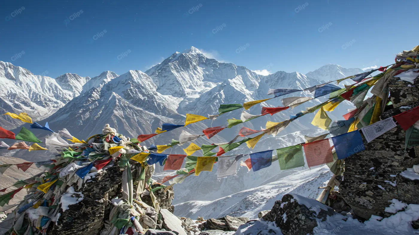 Himalayan Peaks with Prayer Flags