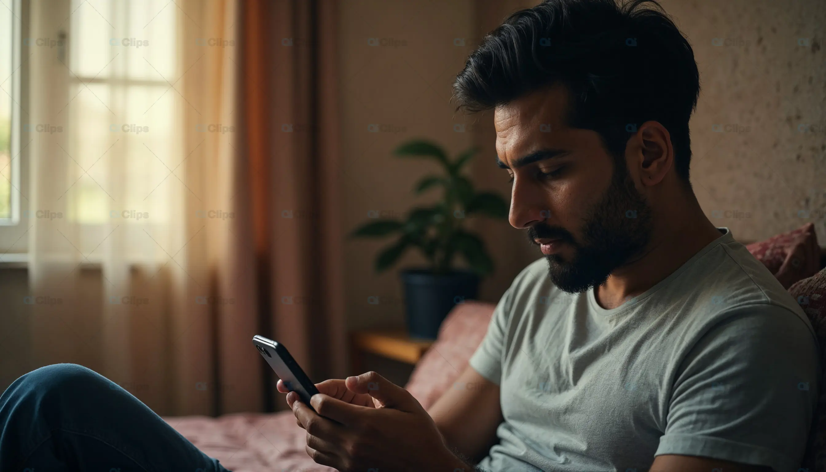 Man Using Smartphone in Cozy Bedroom