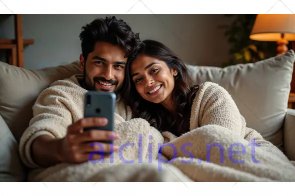Couple Relaxing on Couch Taking Selfie