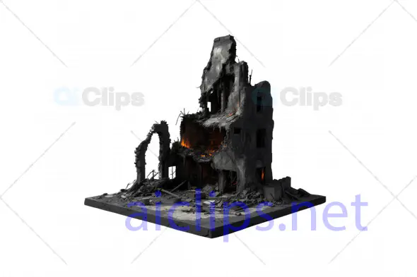 3D Partially Collapsed Burning Building Ruins