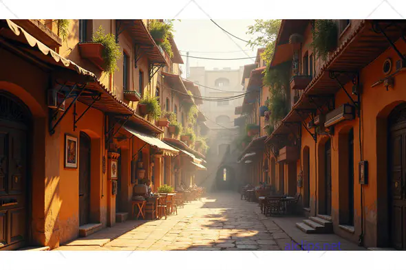 Charming Narrow Street with Cafes and Balconies