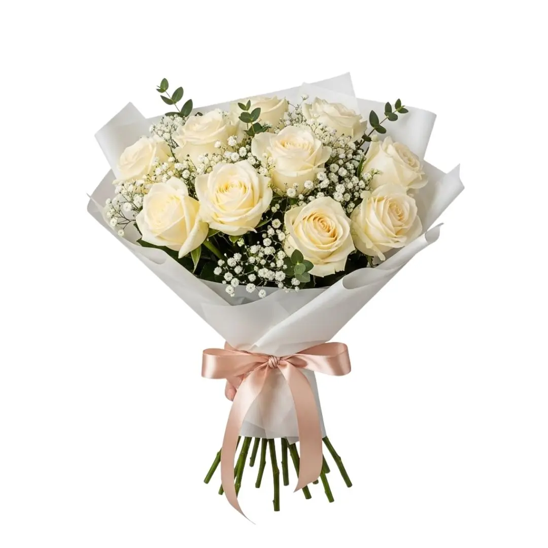 Elegant White Roses Bouquet with Pink Bow PNG Clipart