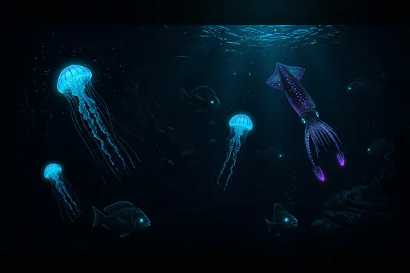 Bioluminescent Creatures Gliding Through Deep Ocean Darkness