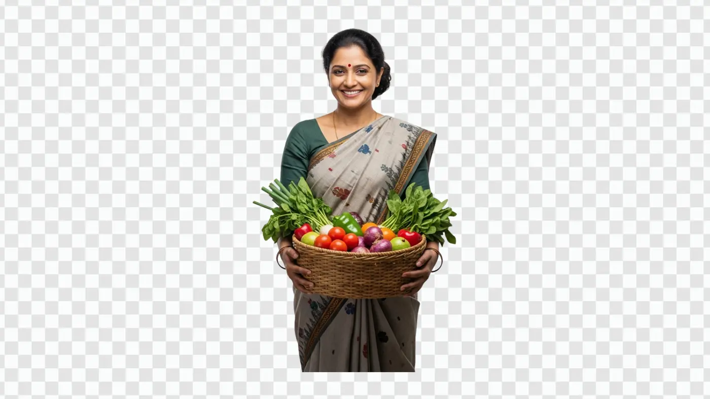 Indian Woman Holding Fresh Vegetables Basket PNG Clipart