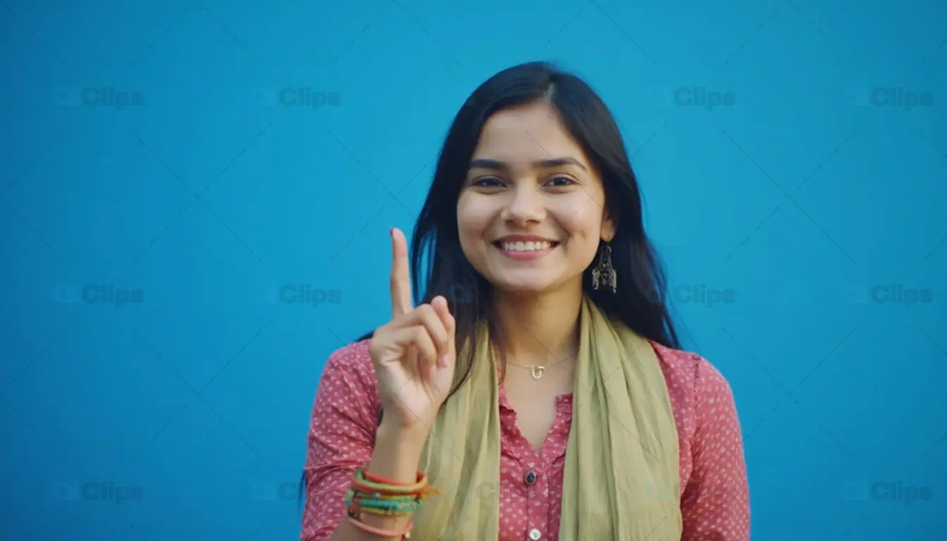 Young Woman Smiling and Pointing Up
