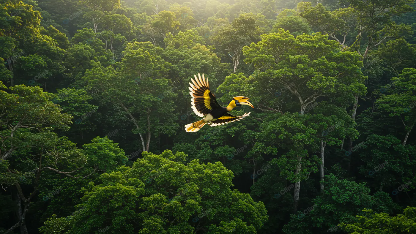 Majestic Toucan in Flight Over Rainforest