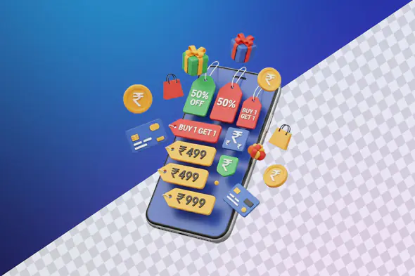 Smartphone with shopping deals and floating ecommerce icons
