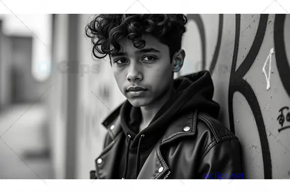 Monochrome Portrait of a Young Man with Curly Hair in Urban Setting