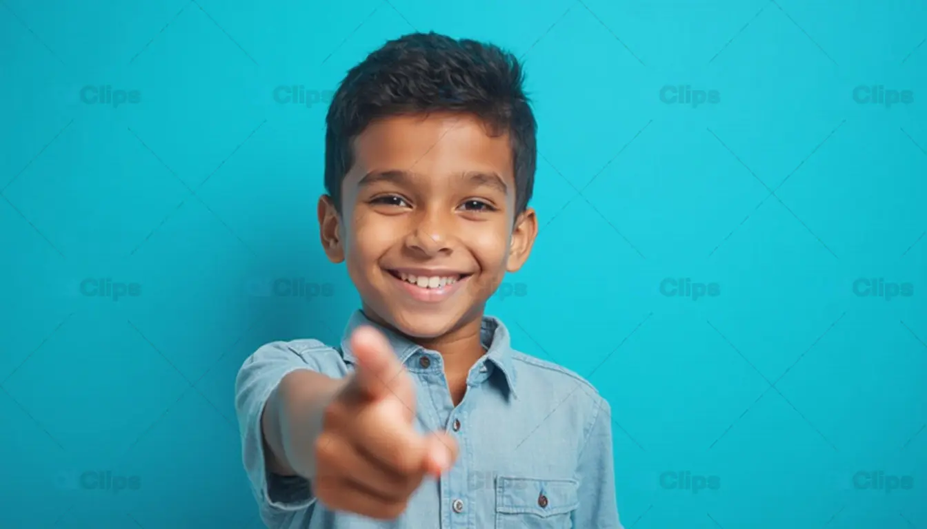 Smiling Boy Pointing Forward on Blue Background