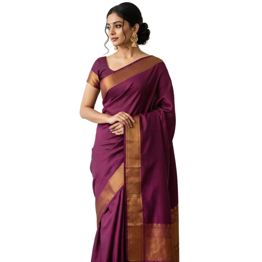Graceful Woman in Purple Silk Saree PNG