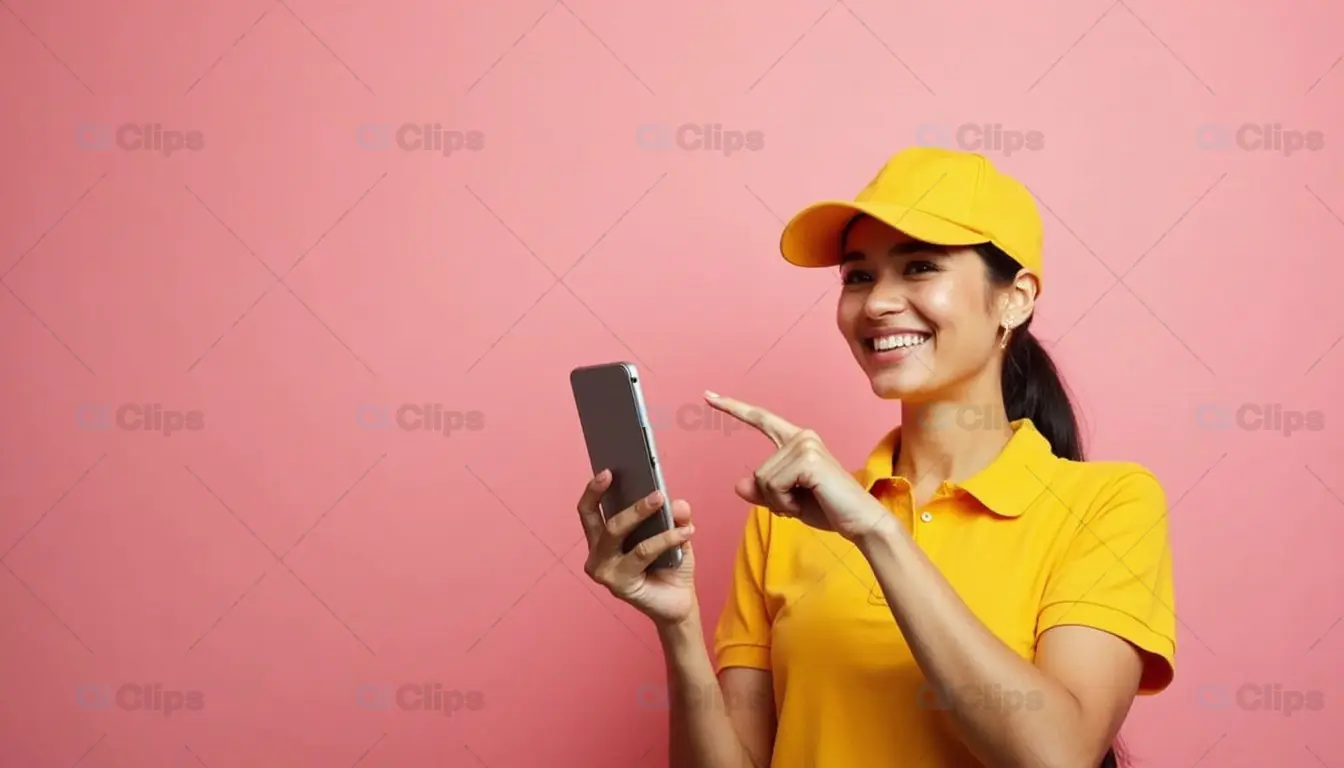 Smiling Delivery Woman Pointing at Smartphone