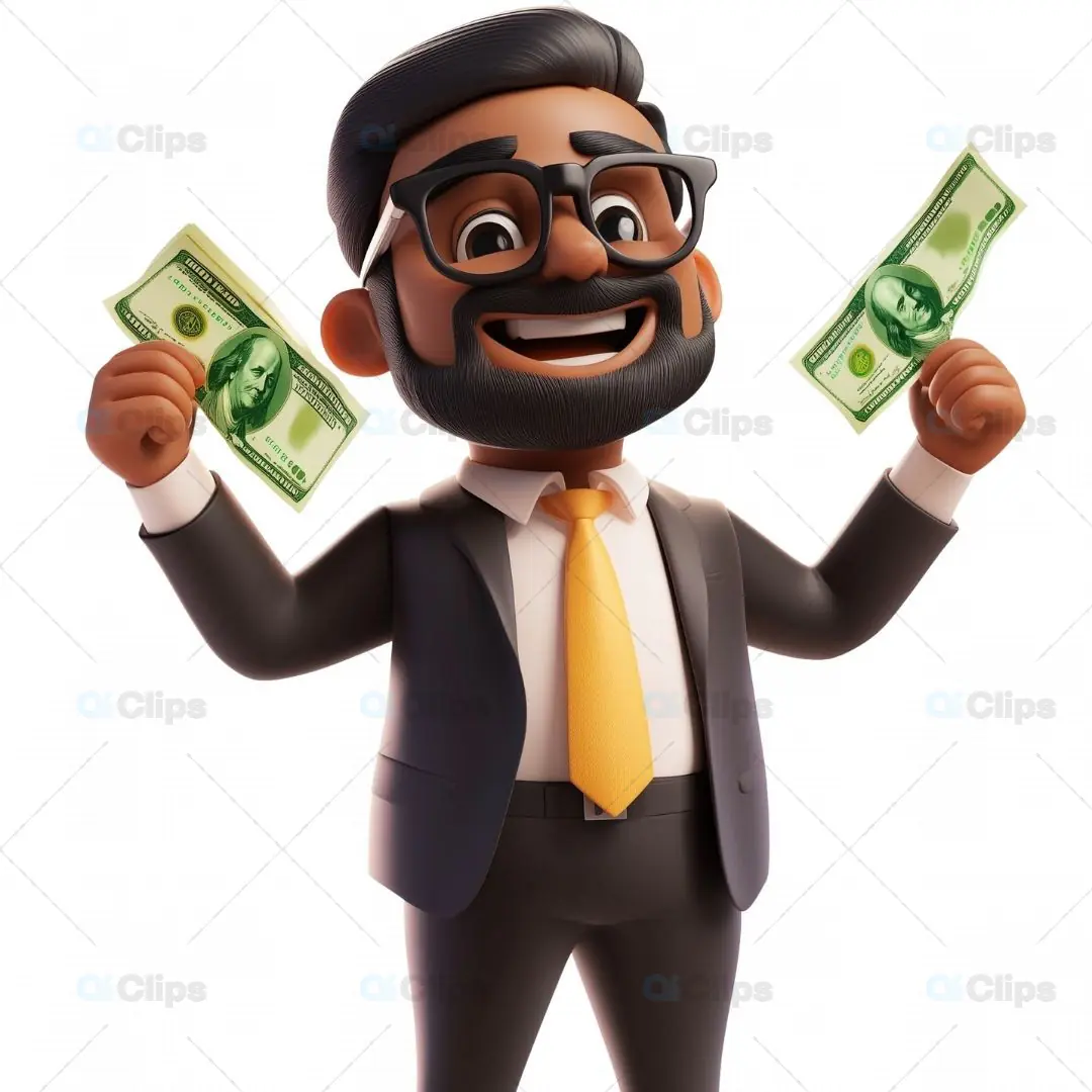 3D Businessman Avatar with Cash and Big Smile