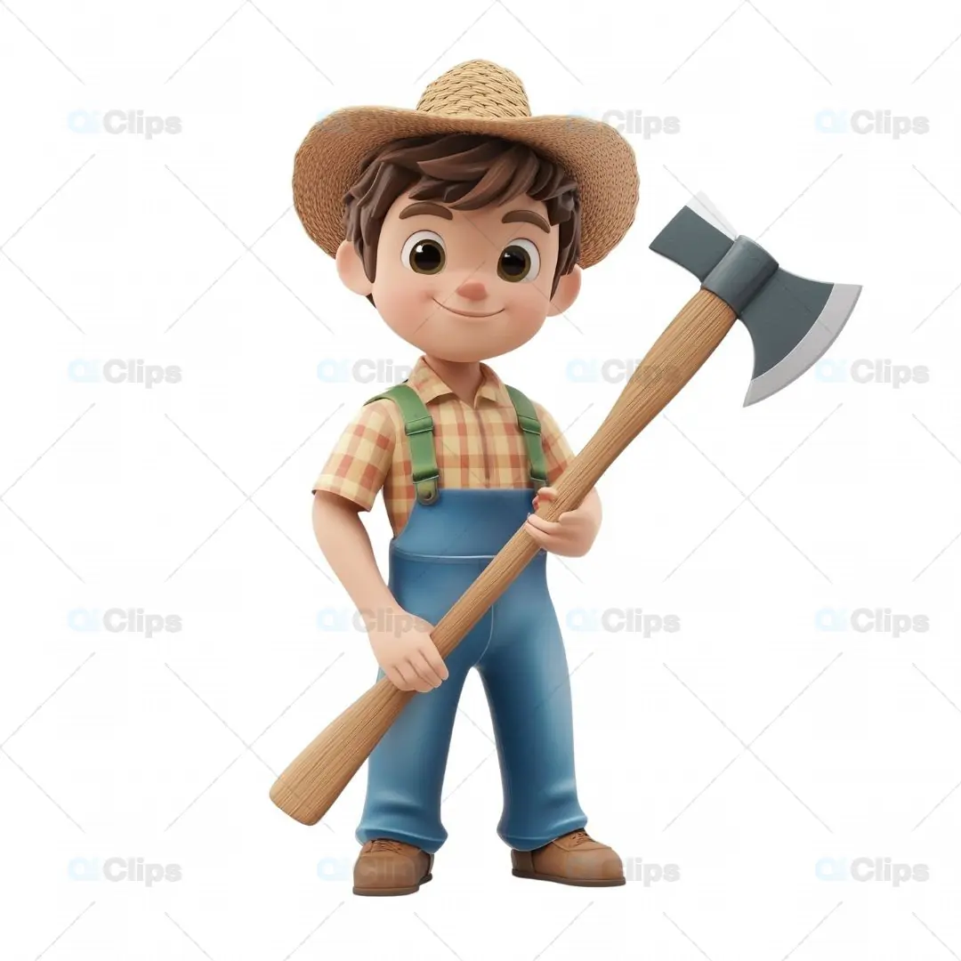 3D Farmer Boy Avatar with Axe and Straw Hat