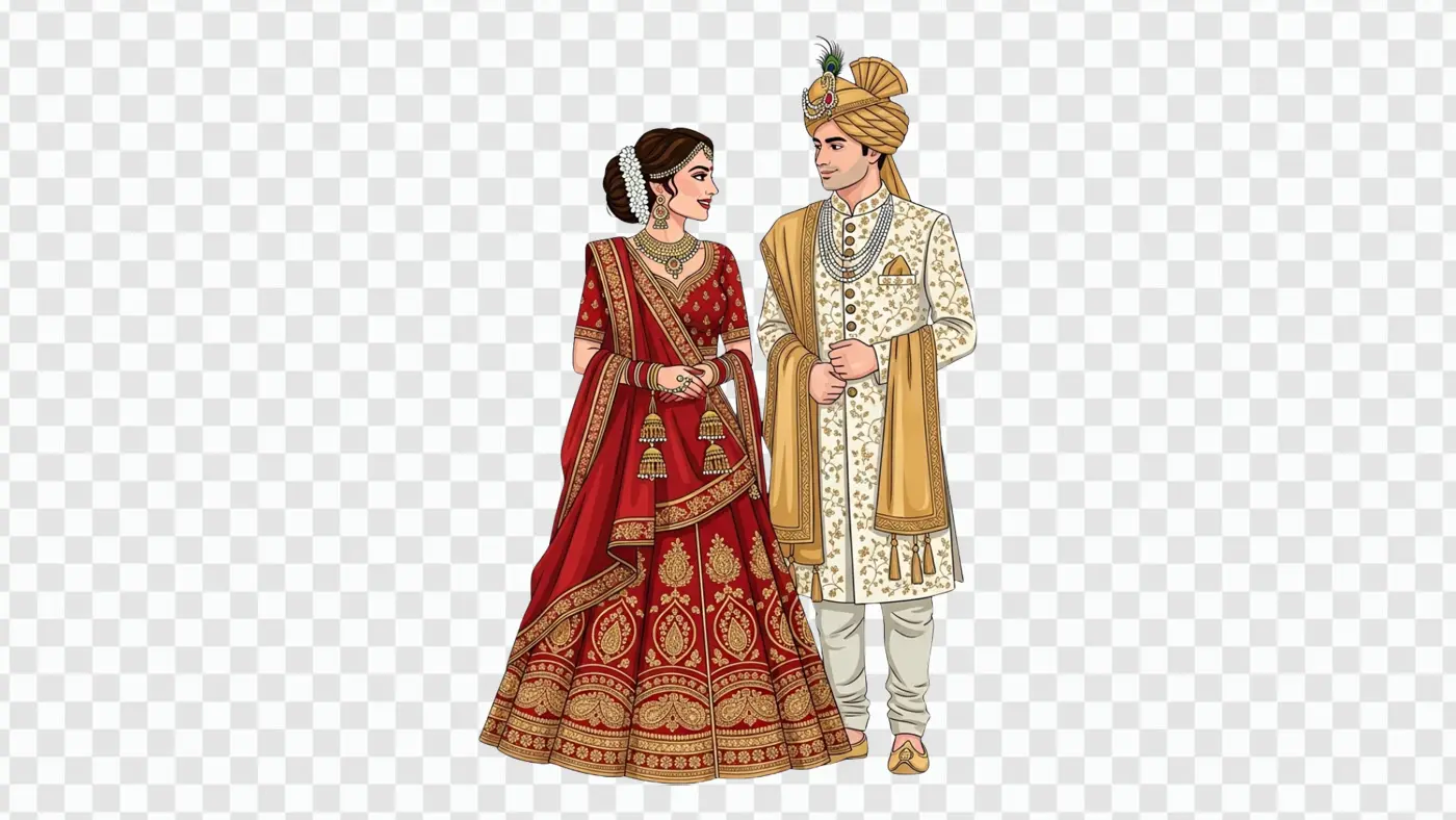Traditional Indian Wedding Couple Ornate Attire PNG Clipart