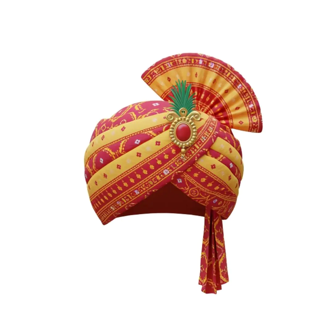 Colorful Indian turban with ornate fan decoration