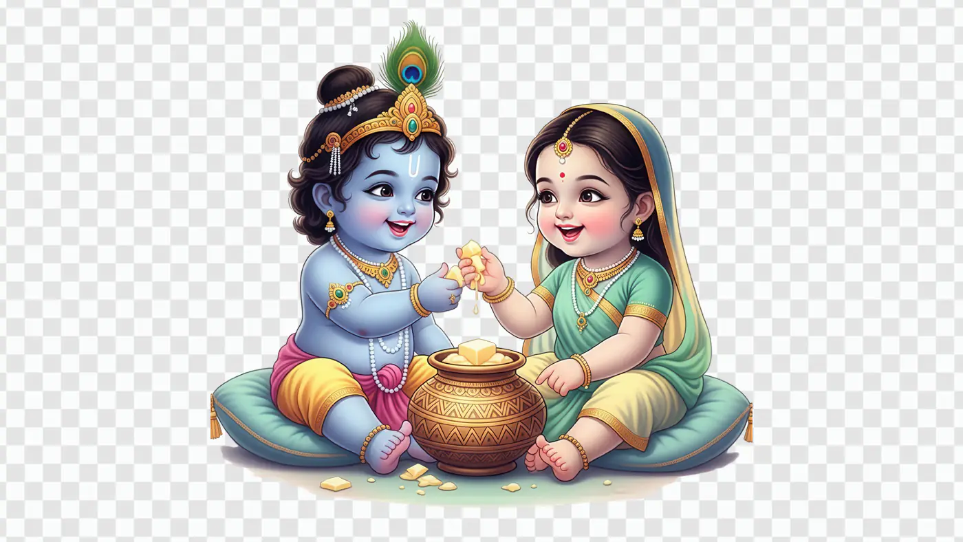 Baby Krishna and Radha Sharing Butter PNG
