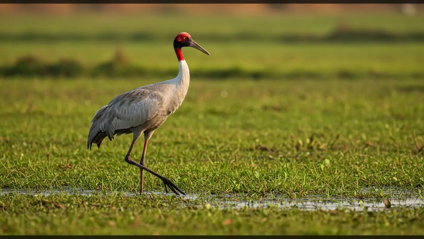Sarus Crane Walking Through Wetland Grassland at Golden Hour
