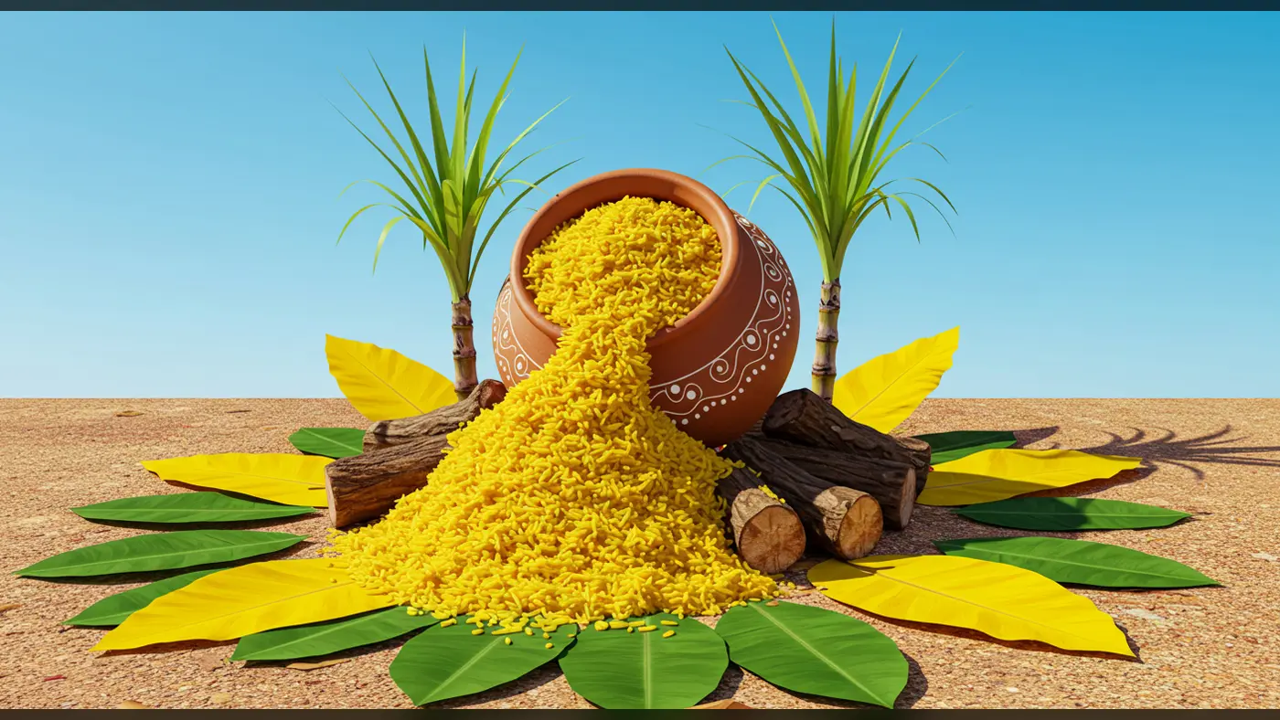 Pongal Festival Celebration with Pot of Sweet Rice, Sugarcane & Leaves | AIClips Harvest Theme Photo