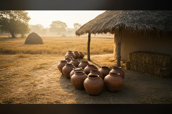 Clay Pots & Thatch Roof Hut in Indian Village Field | Rural Life by AIClips