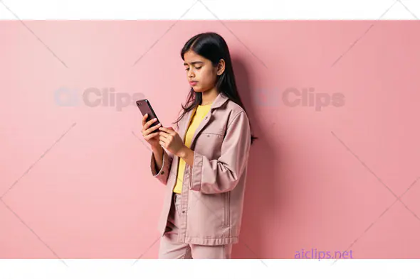 Young Woman Using Smartphone Against Pink Background