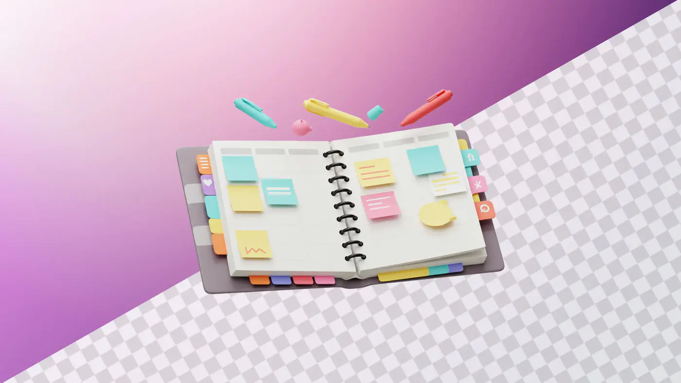 Colorful planner with sticky notes and floating pens