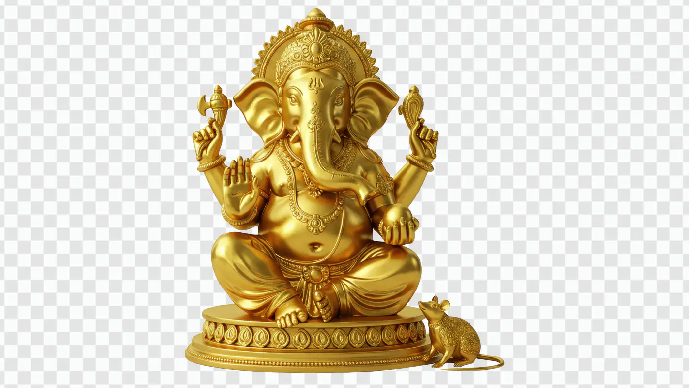 Golden Ganesha Statue with Mouse Companion PNG