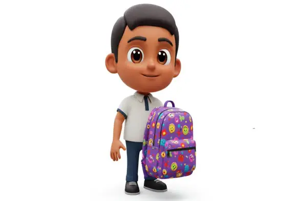 3D Cartoon Indian Schoolboy with Backpack on White Background