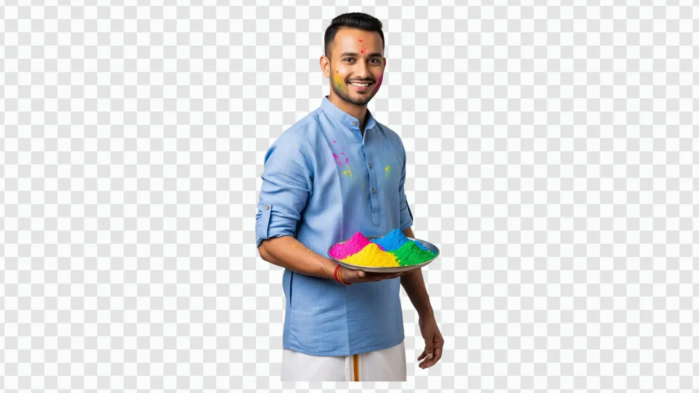 Young Indian Man Celebrating Holi with Colors Plate PNG