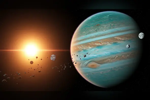 Colorful Gas Giant with Moons and Sunflare – Deep Space Background