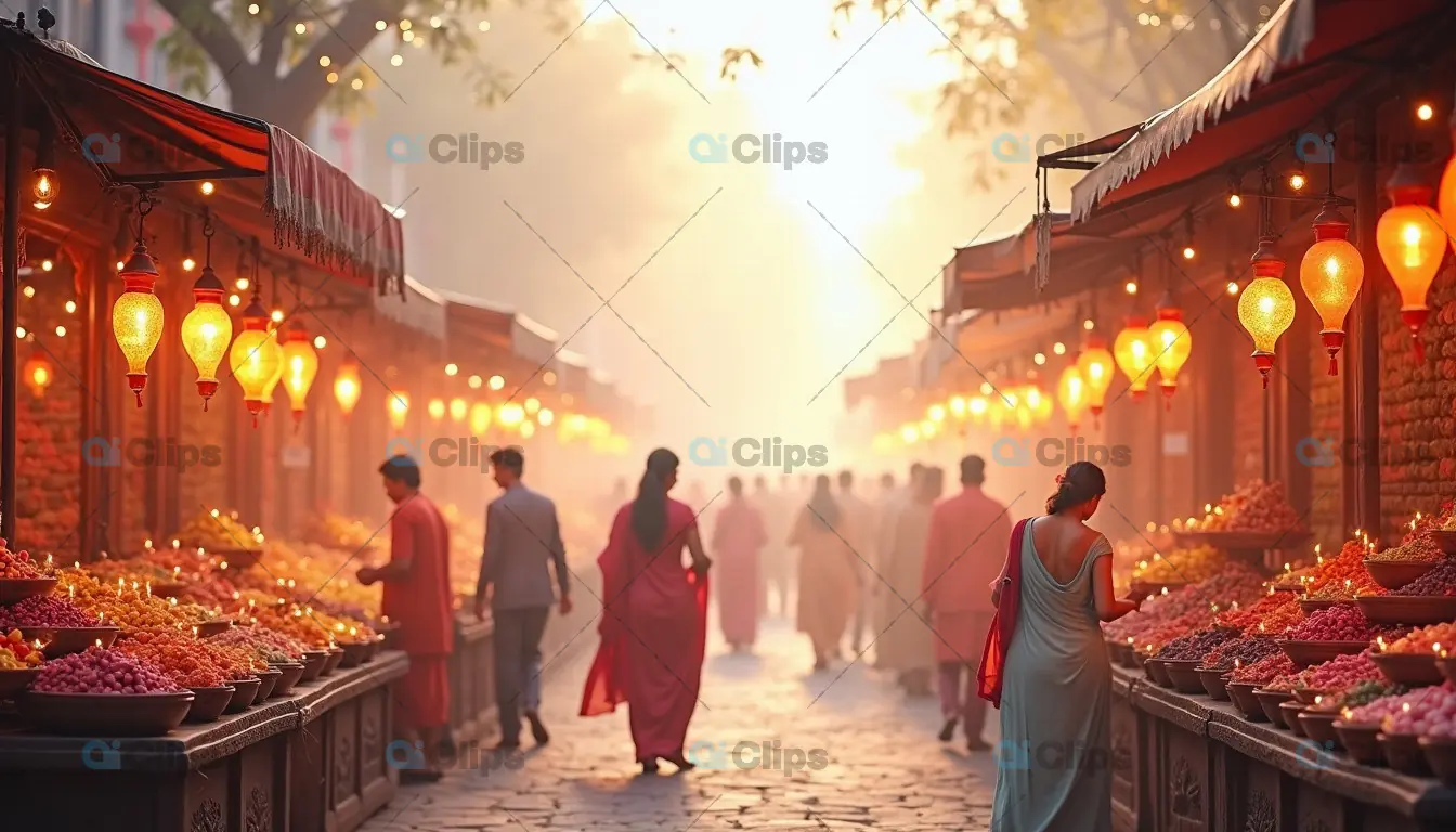 Traditional Indian Street Market at Sunset with Lanterns
