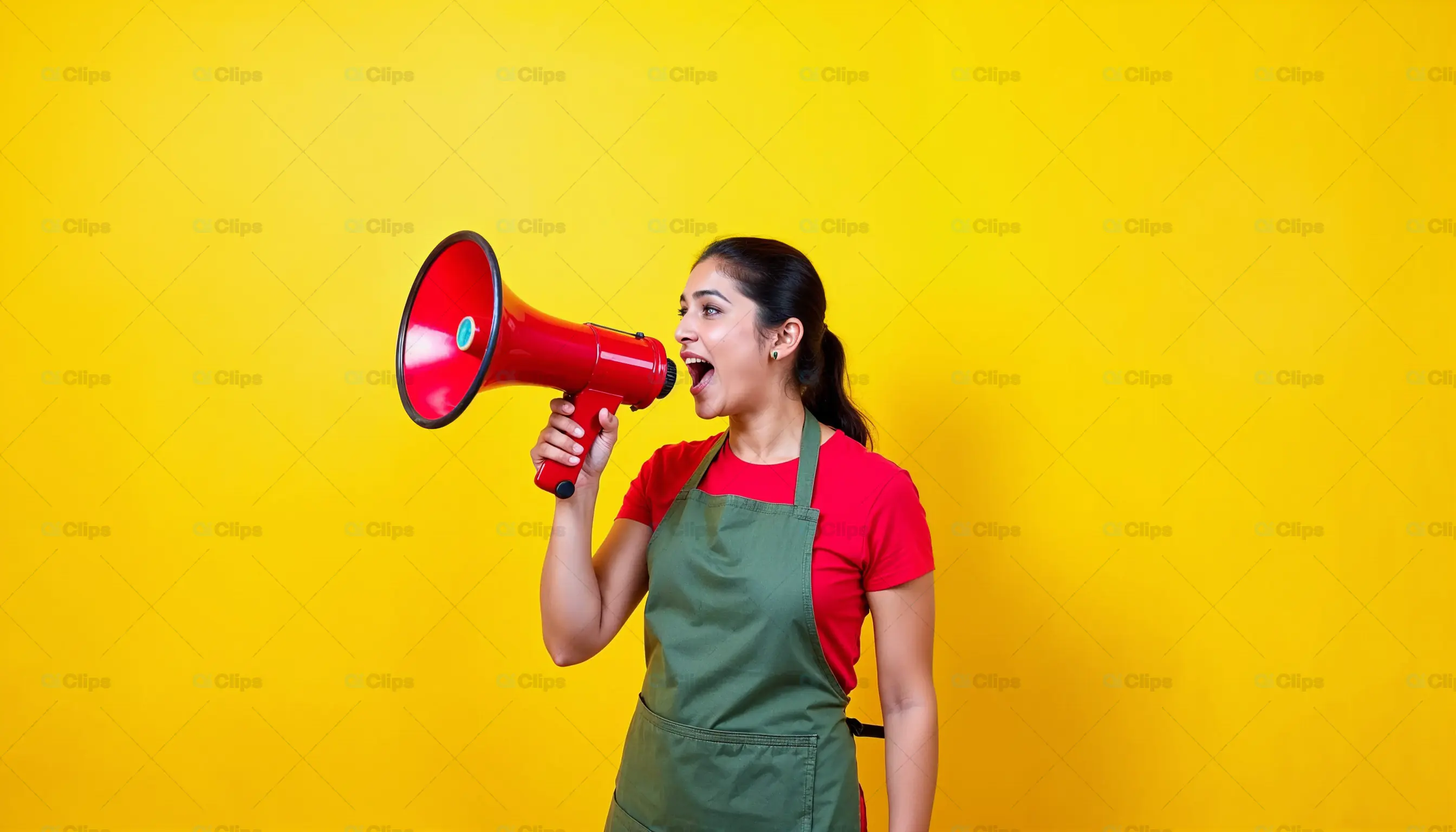 Woman in Apron Shouting into Megaphone