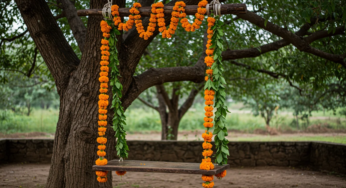 Rustic Floral Swing with Marigold Garland Under Tree | AIClips Traditional Festive Setup