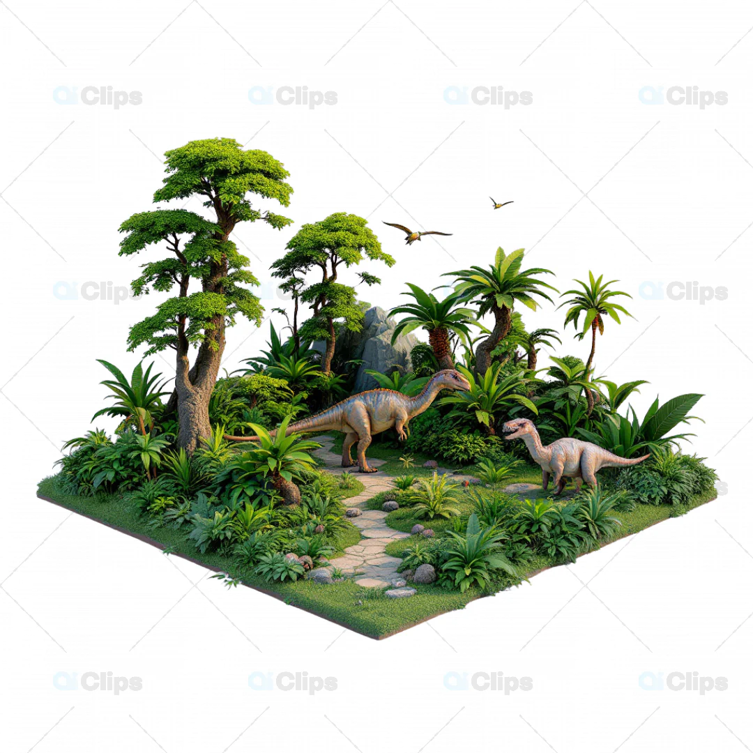 3D Prehistoric Jungle Scene with Dinosaurs and Lush Vegetation