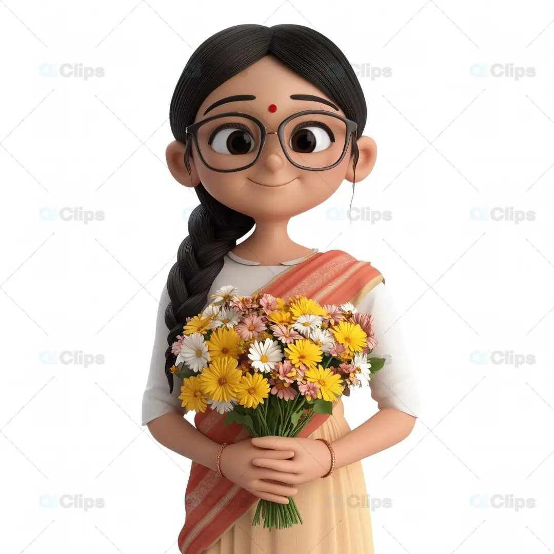 3D Indian Woman Avatar Holding a Bouquet of Flowers