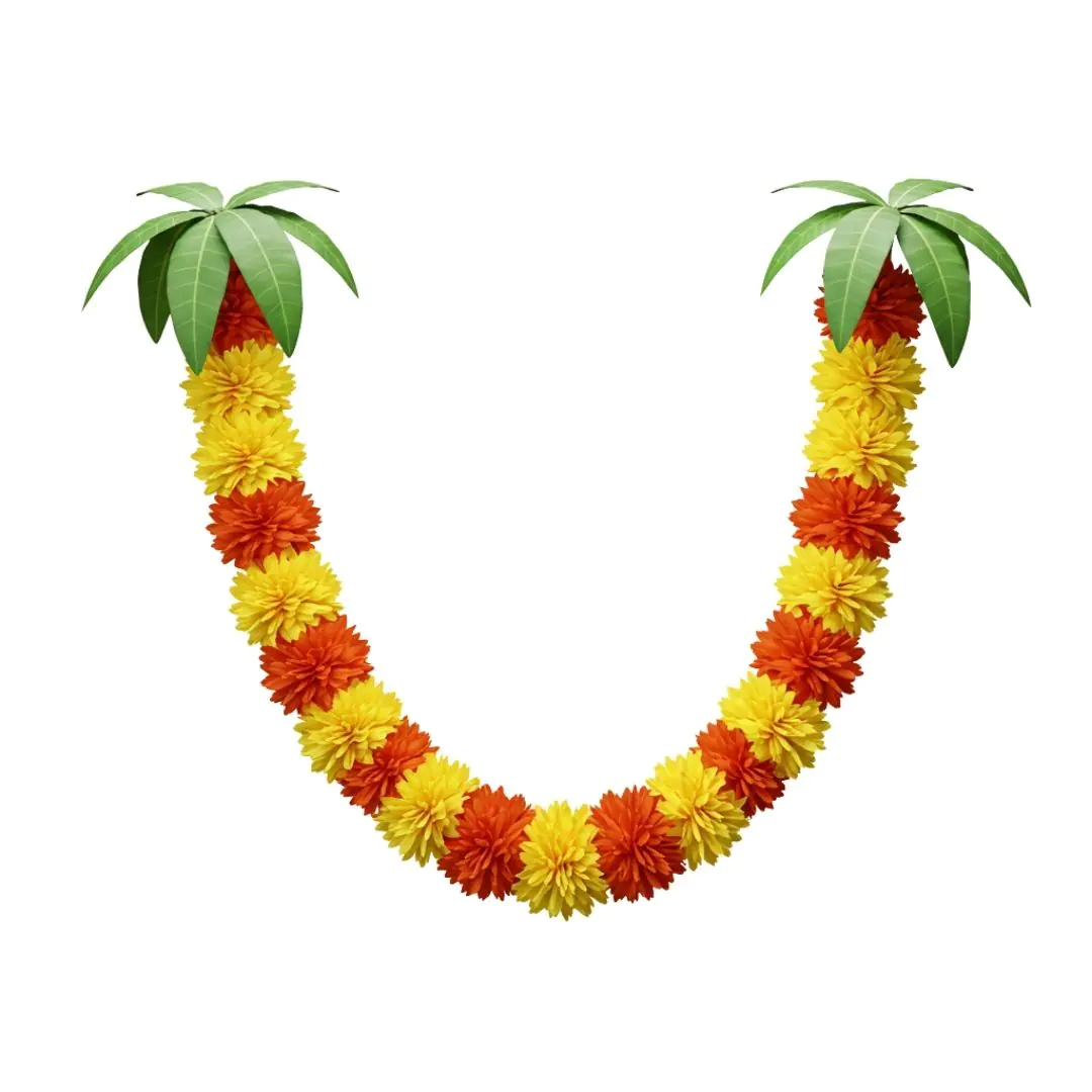 Colorful floral garland with palm leaves on ends