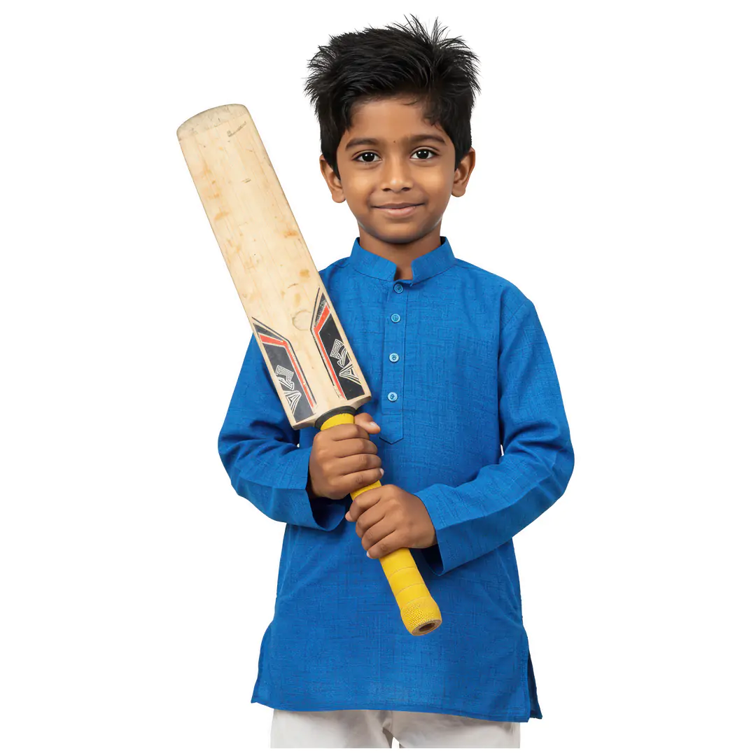 Young Cricket Enthusiast in Blue Kurta PNG