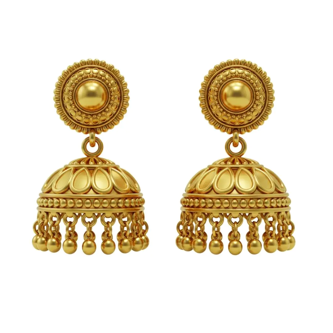 Golden jhumka earrings with intricate traditional design