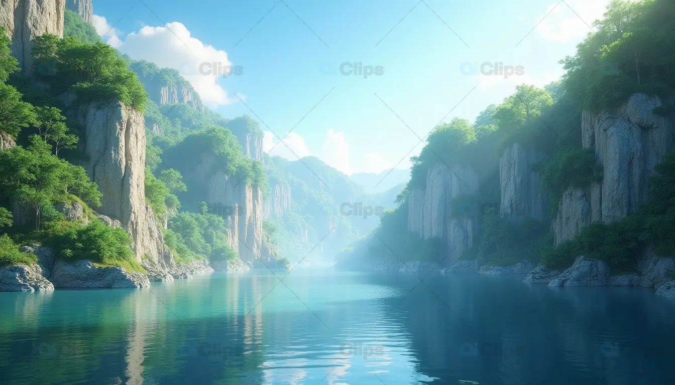 Serene River Valley with Cliffs and Lush Greenery