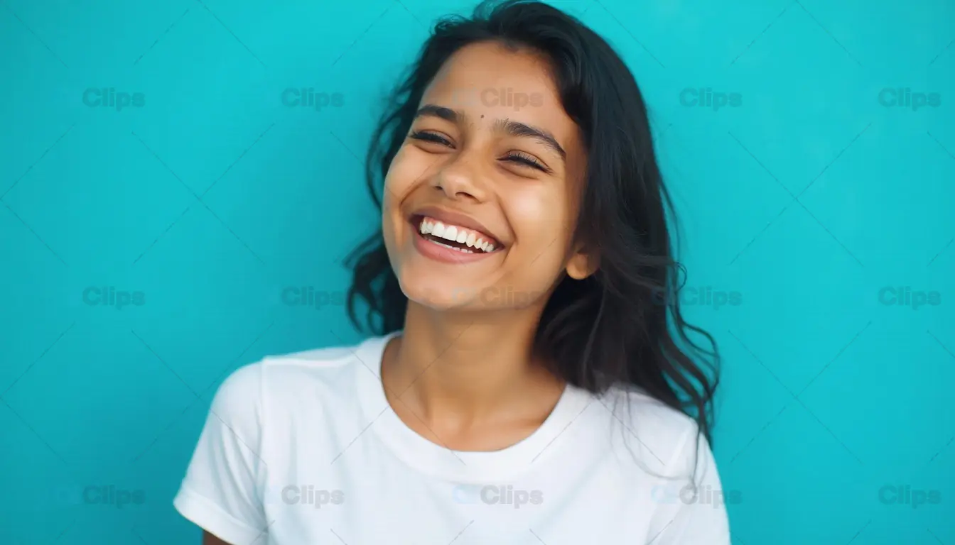 Smiling Young Woman with Turquoise Background