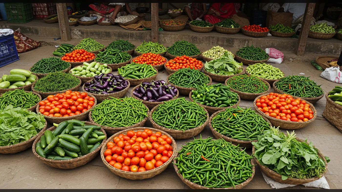 Colorful Indian Vegetable Market Basket Display | AIClips Rural Bazaar Stock