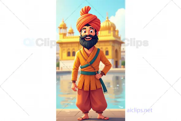 Cartoon Sikh Man in Traditional Attire at Golden Temple