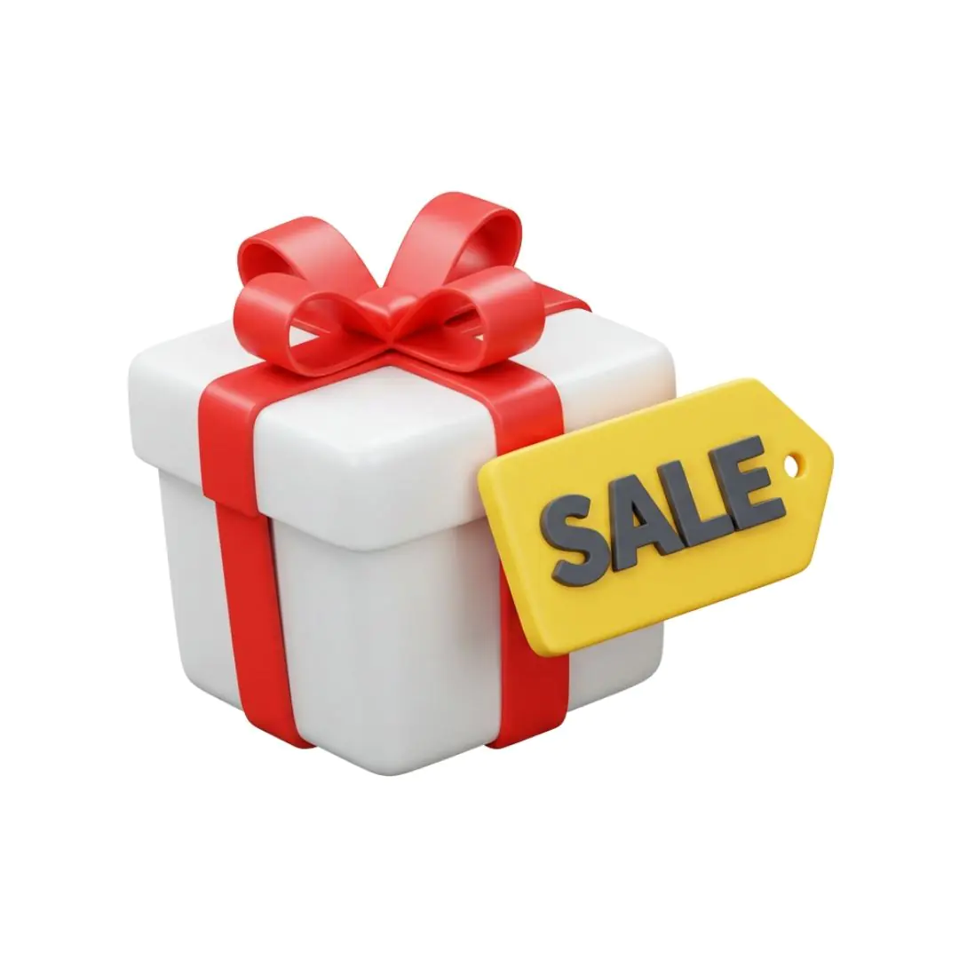 Gift box with red ribbon and yellow sale tag