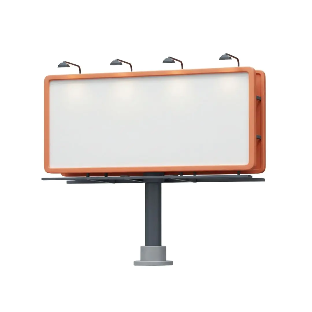 Illuminated orange framed billboard with metal pole stand