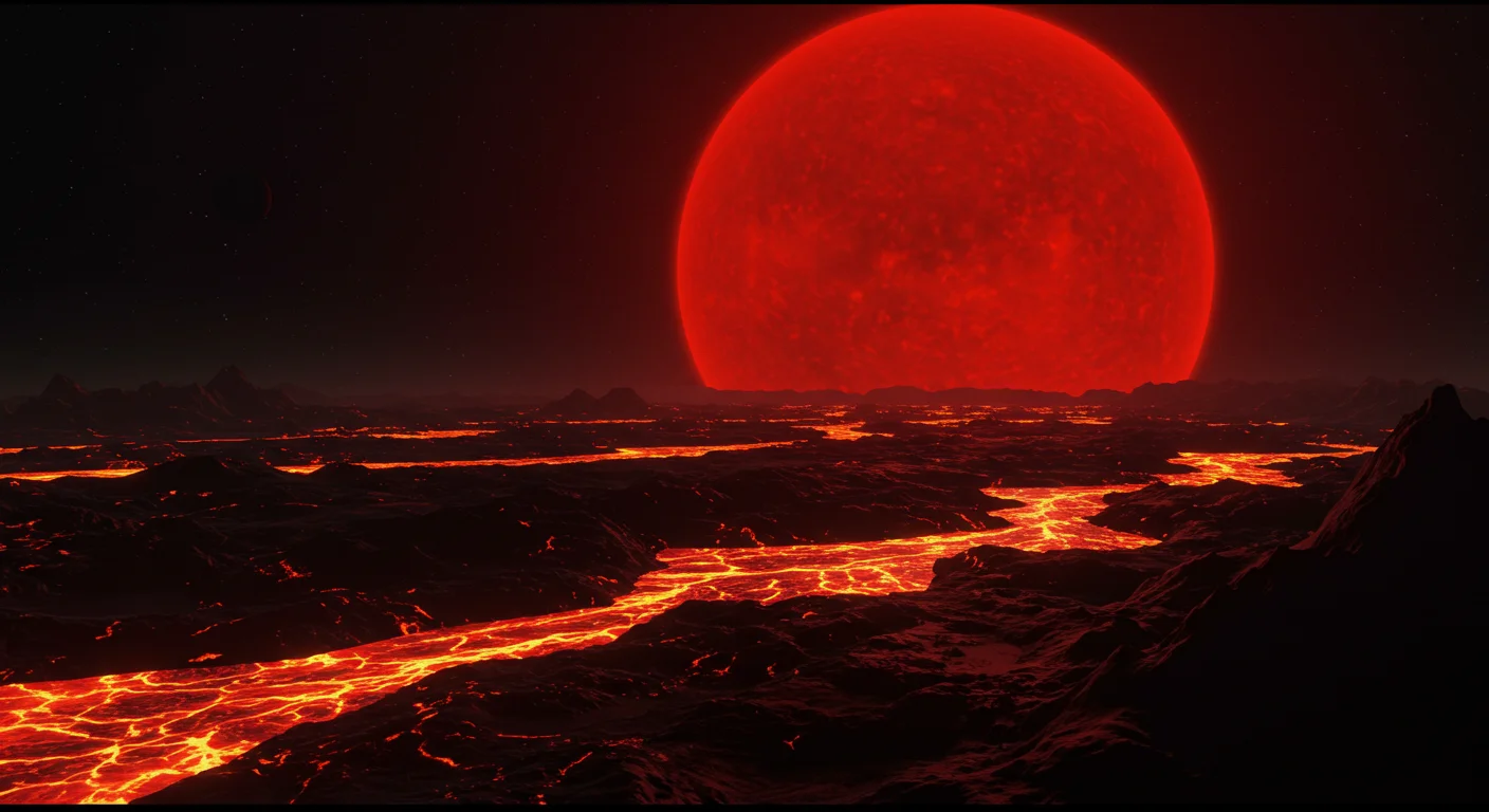 Molten Exoplanet Surface with Giant Red Sun – Cinematic Sci-Fi Landscape