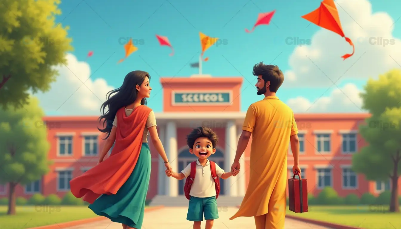 Excited School Child with Parents on the First Day of School
