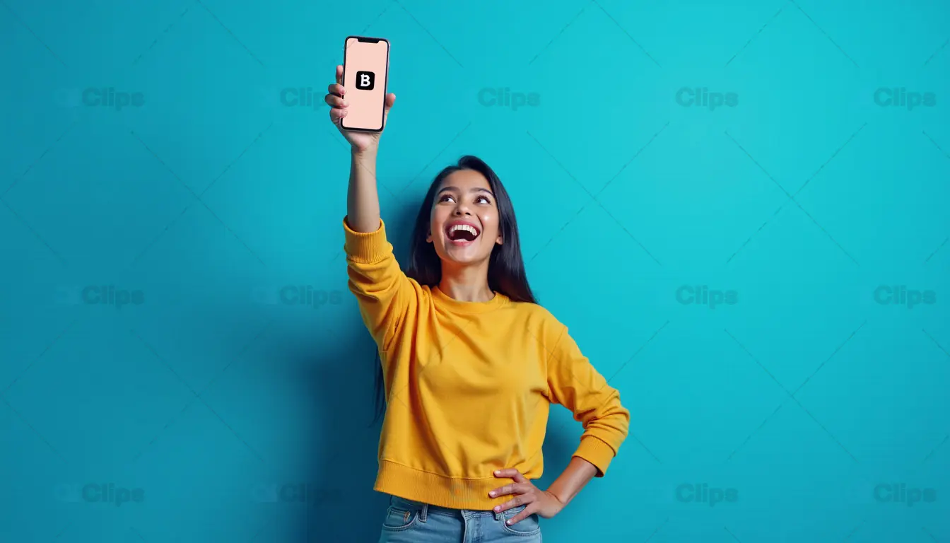Cheerful Woman Holding Phone Mockup