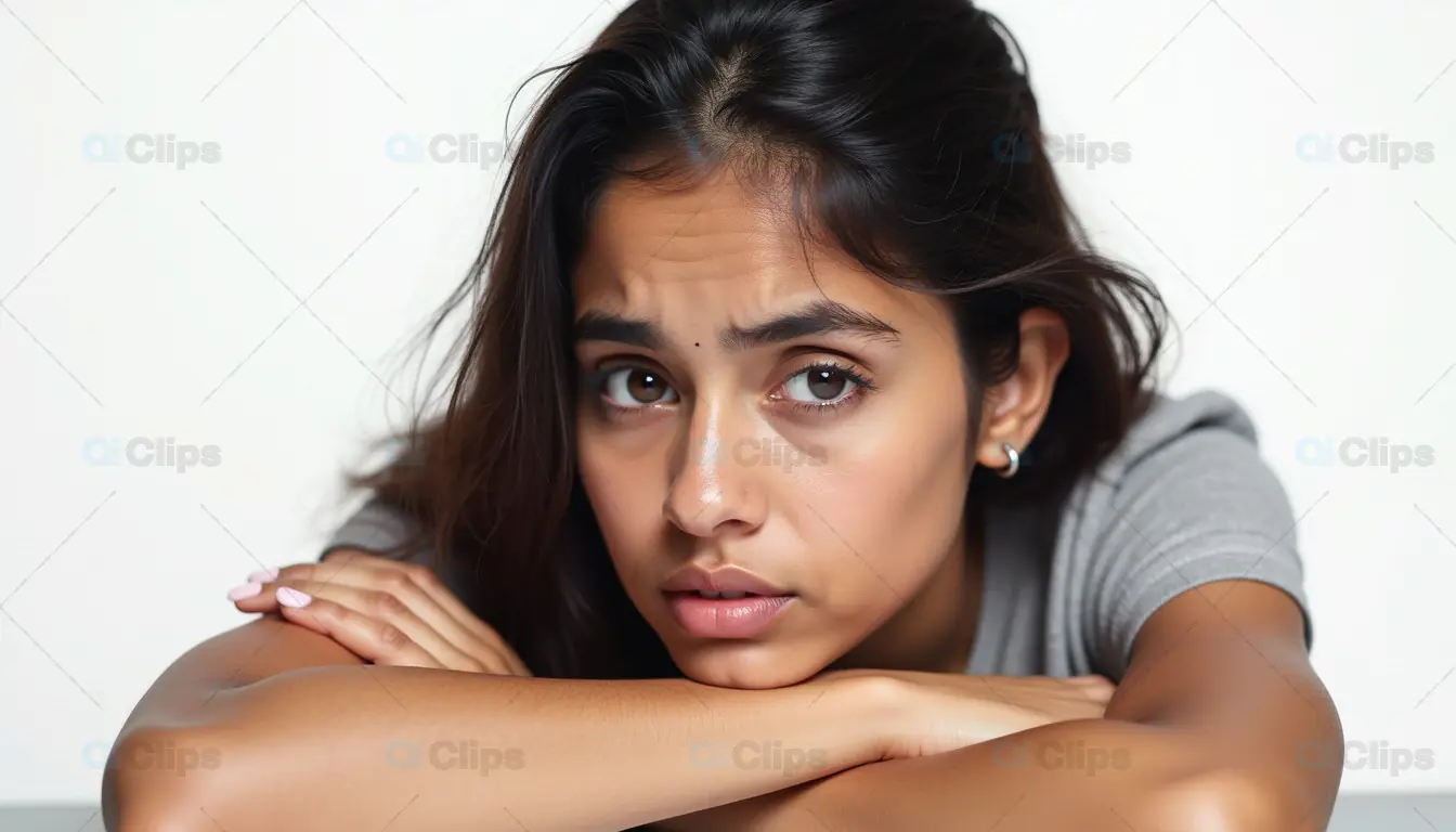 Worried Woman Resting Head on Arms