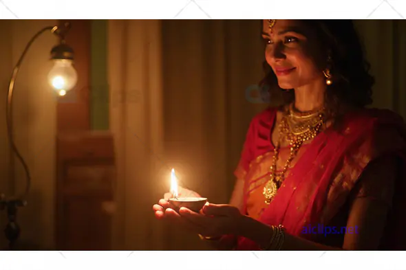 Indian Woman Holding Diya Lamp in Traditional Attire