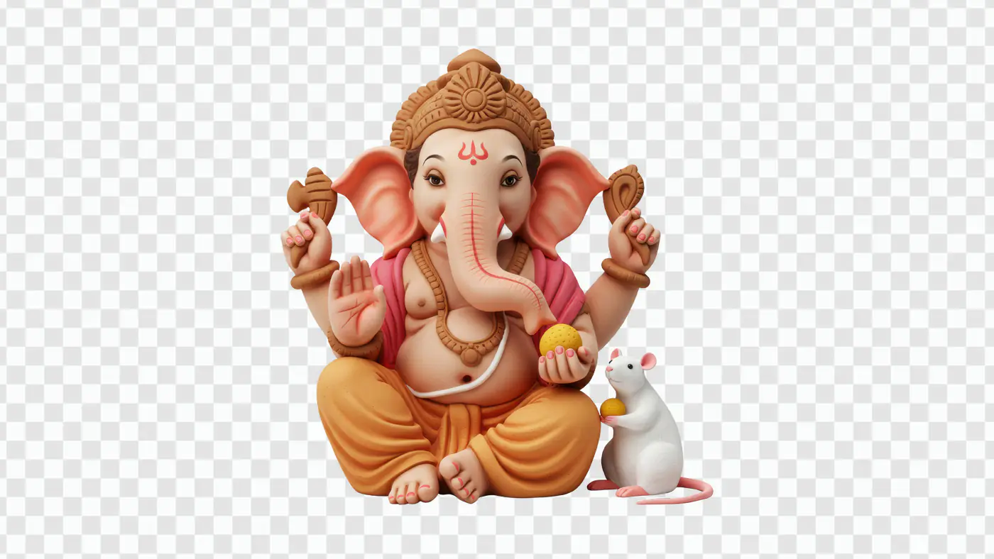 Adorable Ganesha Statue with Mouse Companion PNG