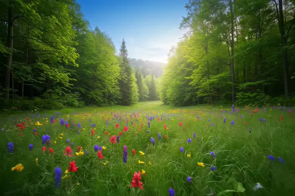 Enchanting Forest Meadow Blooming with Colorful Wildflowers